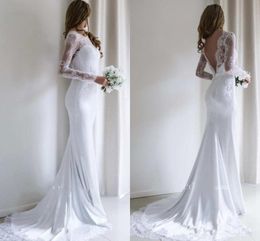 Elegant Bateau Lace Mermaid Wedding Dresses Long Sleeve Backless Satin Beach Bridal Gowns Sweep Train Custom Made