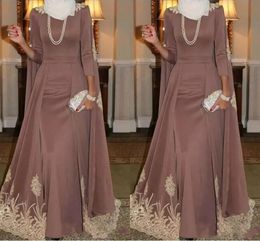 2019 Modest Luxury A-Line Evening Dresses High Neck Long Sleeves Wrap Satin With Gold Appliques Peplum Floor Length Custom Prom Party Gowns
