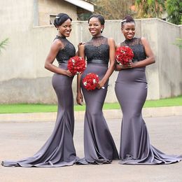 African Nigerian Mermaid Grey Bridesmaid Dresses Long Beaded Appliques Satin Prom Dress Wedding Party Gown