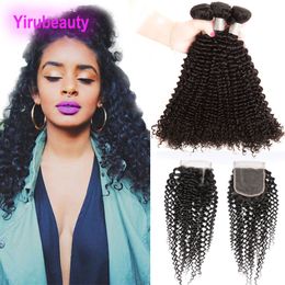 Malaysian 3 Bundles With 4X4 Lace Closure Kinky Curly Human Hair Wwefts With Top Closures 95-100g/piece Hair Extensions