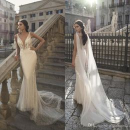 Elegant Lace Mermaid Wedding Dresses V Neck With Wraps New Illusion Appliqued Shiny Backless Bridal Gowns Custom Made Vestidos De Novia