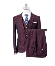 Burgundy Floral Pattern Men Wedding Tuxedos Slim Fit One Button Prom Suits Man Party Blazer Suit (Jacket+Vest+Pants)