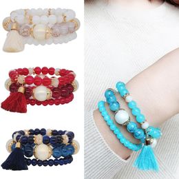 Women Fashion Bohemian Style Sweet Candy Colour Wild Multi-Layer Elastic Rope Bracelet Female Tassel Bracelets Jewellery Accessories