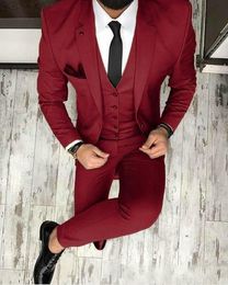 High Quality Two Buttons Wine Wedding Groom Tuxedos Notch Lapel Groomsmen Men Formal Prom Suits (Jacket+Pants+Vest+Tie) W117