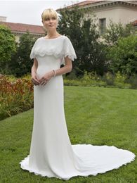2020 New Arrival Sheath Stretch FDY Modest Wedding Dreses Wth Cape Lace Appliques Simple Elegant Modest Bridal Gowns Informal
