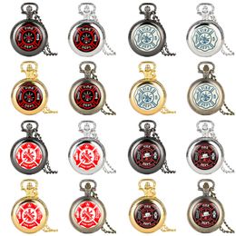 Black/Gold/Silver/Bronze Vintage Watches Fire Department Design Men Women Quartz Analog Pocket Watch Necklace Pendant Chain Gift to Firefighter