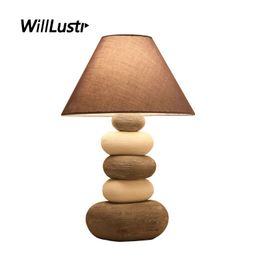 Modern Ceramic Table Lamp Fabric Shade Creative Cobblestone Light Hotel Living Room Study Bedside Fashion Porcelain Lighting