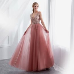 Deep V-Neck Evening Dresses Dusty Pink Formal Prom Dresses Evening Wear Sexy Beaded Party Pageant Dress