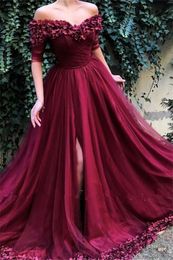 Burgundy Off The Shoulder Tulle A Line Long Evening Dresses 2019 Short Sleeves Ruched Split 3D Floral Formal Party Prom Wear Dress276j