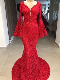 Sexy Lace Mermaid Bell sleeve Evening Dress Luxury High Quality Long V-neck Party Dresses Robe de Soiree