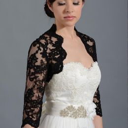 New Black Wedding Bolero Jacket Cap Wrap Shrug 2/3 Sleeve Front Open Lace Applique Sheer Bride Custom Jackets