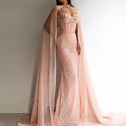 New Elegant Saudi Arabia Mermaid Evening Dress with Cape Fashion Sequined Spaghetti Blush Pink 2020 Prom Dresses Arabic Formal Gowns