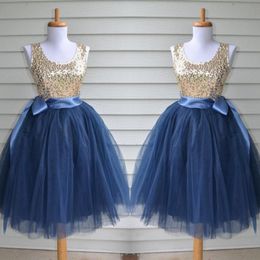 Gold Sequined And Blue Tulle Bridesmaid Dresses For Wedding Short Bridesmaid Dress With Ribbon Sash Cheap Cocktail Party Dress