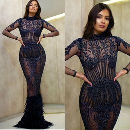 illusion evening gowns high collar sequins long sleeve prom dresses mermaid special occasion dress fur floor length party wear