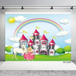 castle unicorn rainbow vinyl cloth photography background backdrop for photo shoot 7X5ft children baby party photophone photo studio