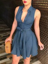 2019 Fashion Women Bandage Pleated Brief Sexy Cool Sleeveless Denim Blue V Neck Dress Belted Party Cocktail Short Mini Dress