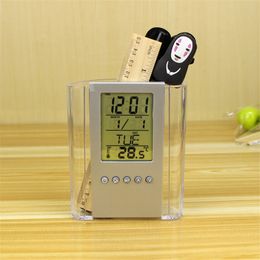 Digital LCD Alarm Clock Desk Pen Pencil Holder Thermometer Calendar Display