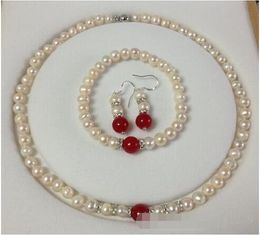 7-8MM white Akoya cultured pearls / red Jade bracelets necklace earrings set A026 18''