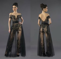 2019 Black Jumpsuits With Detachable Overskirts Off The Shoulder Floor Lenbth Lace Appliqued Evening Gowns Sash Pearls Prom Dress Party Wear