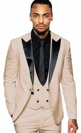 Brand New Champagne Men Wedding Tuxedos Black Peak Lapel Groom Tuxedos Excellent Men Jacket Blazer 3 Piece Suit(Jacket+Pants+Tie+Vest) 2466