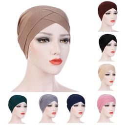 Womens Elegant Stretchy Hat Turban Forehead Cross India Hat Head Wrap Chemo Solid Colour Bandana Muslim Scarf Girl Cap DA393