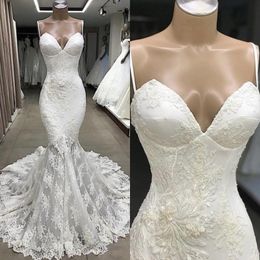 Sweetheart Beach Mermaid Wedding Dresses Lace Appliques Spaghetti Strap Simple Fashion Bridal Gowns Tulle Sweep Train Formal Wedding Gowns