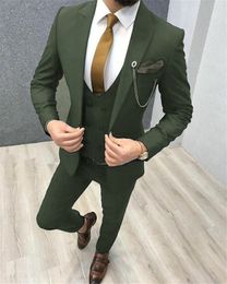 New Style Groomsmen Peak Lapel Groom Tuxedos Olive Green Men Suits Wedding/Prom/Dinner Best Man Blazer ( Jacket+Pants+Tie+Vest ) K293