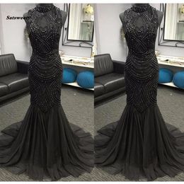 Vintage Black Beaded Long Mermaid Evening Dresses High Collar Luxury Evening Gowns Off Shoulder Party Dress Robe De Soiree