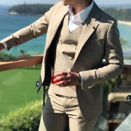 New High Quality Two Button Khaki Wedding Groom Tuxedos Notch Lapel Groomsmen Mens Dinner Prom Suits (Jacket+Pants+Vest+Tie) 538