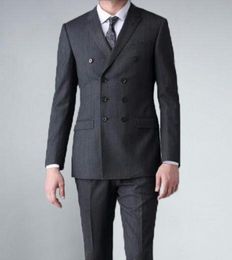 Grey Groom Tuxedos Double-Breasted Men Wedding Tuxedos Peak Lapel Slim Fit Jacket Blazer Popular Men Dinner/Darty Suit(Jacket+Pants+Tie) 136