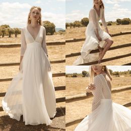 Bohemian Long Sleeves Chiffon Wedding Dresses Sexy A Line V Neck Lace Appliqued Country Bridal Gowns Backless Wedding Dress