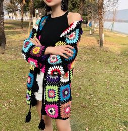 2020 Spring New Women Cardigans Colourful Knitted Flower Hooded Women Poncho Open Stitch Long Cardigans