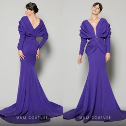 2020 Gorgeous Mermaid Evening Dresses High V-neck Long Sleeve Elegant Formal Prom Dress Sash Sweep Train Satin Ruched Party Gown Hot Sell