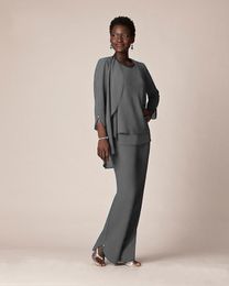 Cheap Grey Chiffon Formal Pant Suits For Mother Groom Dresses Evening Wear Long Mother of the Bride Dresses With Jackets Plus Size