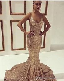 2019 Gold Mermaid Prom Dress Spaghetti Straps Long V Neck Formal Holidays Wear Graduation Evening Party Gown Custom Made Plus Size