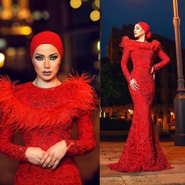 Zuhair Murad Red Evening Gowns Jewel Neck Long Sleeves Mermaid prom dresses 2019 New Beaded Appliqued arabic dress Plus Size