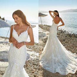 Eddy k Beach Mermaid Wedding Dresses Beaded Spaghetti Wedding Bridal Gowns abiti da sposa Lace Backless White Wedding Dress Plus Size