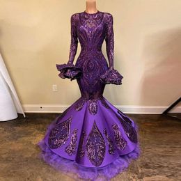 Arabic Purple Long Sleeve Mermaid Prom Dresses Sequined Beads Appliqued Dubai Celebrity Evening Gowns Robe de soiree