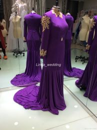 2019 Real Photos Purple Prom Dress New Design Long Sleeves Applique High Neck Party Gown Custom Made Plus Size