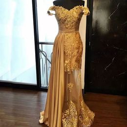 2019 Long Prom Dresses Gold Colour Sweetheart Neck with Off Shoulder Straps A Line Lace and Stretch Satin Side Draping Formal Evening Gowns