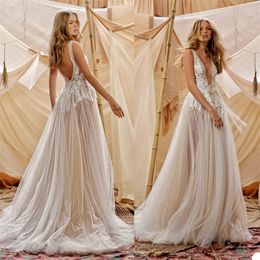 High V-neck Boho A Line Wedding Dresses 3D-Floral Appliqued Lace Wedding Gown Sexy Sleeveless Backless Beach Custom Made Vestidos De Novia