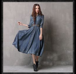 Spring Women's Dresses Irregular Denim Skirt Vintage Belt Embroidered Mid Sleeve Dress Plus Size National Style