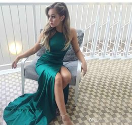 2019 Gorgeous Split Prom Dress Cheap Simple Hunter Green Sheath Halter Formal Summer Holidays Wear Evening Party Gown Custom Made Plus Size