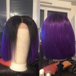 Fashionhairqd Ombre Lace Front Short Human Hair Wigs For Black Women T1b Purple Brazilian Bob Full Lace Wigs With Pre Plucked Baby Hair