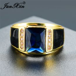 Luxury Male Geometric Blue Stone Wedding Rings For Men Women Yellow Gold Ring Vintage Engagement Ring Zircon Mens Party Jewelry