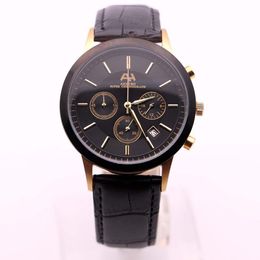 AEHIBO Chronograph Quartz Battery Mens Watch 43MM Black Dial Roman Number Black Bezel All Subdials Working Watches Mens Wristwatches