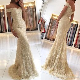 New Champagne Prom Dresses Lace Applique Mermaid Off Shoulder Beaded Backless Sweep Train Sequins Formal Party Gowns Evening Dress Custom