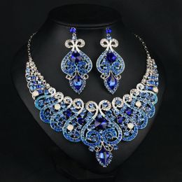 High Quality Royal Blue Crystals Wedding Bride Jewellery Accessaries Set (Earring + Necklace) Crystal Leaves Design With Faux Pearls LDR963