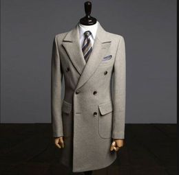 Grey Luxury British Style Men Wedding Suits Groom Wear Blazer Overcoat Trench Coat Long Wool Blend Jacket Only One Piece