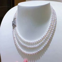 Hand knotted 3strands 6-7mm white freshwater pearl micro inlay zircon accessories necklace long 43-50cm